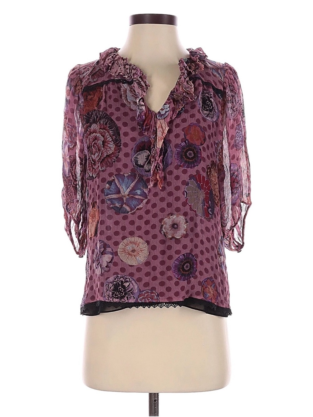 Coach x Kaffe Collab Purple Floral Ruffle Split-Neck Blouse